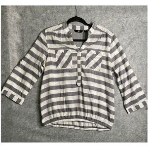 Fig Clothing Womens XL Grey White Striped 3/4 Sleeve Elastic Hem Tunic Top